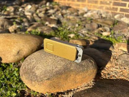 RiveryMFG Zero custom combination utility knife with file gold lid and gray base.